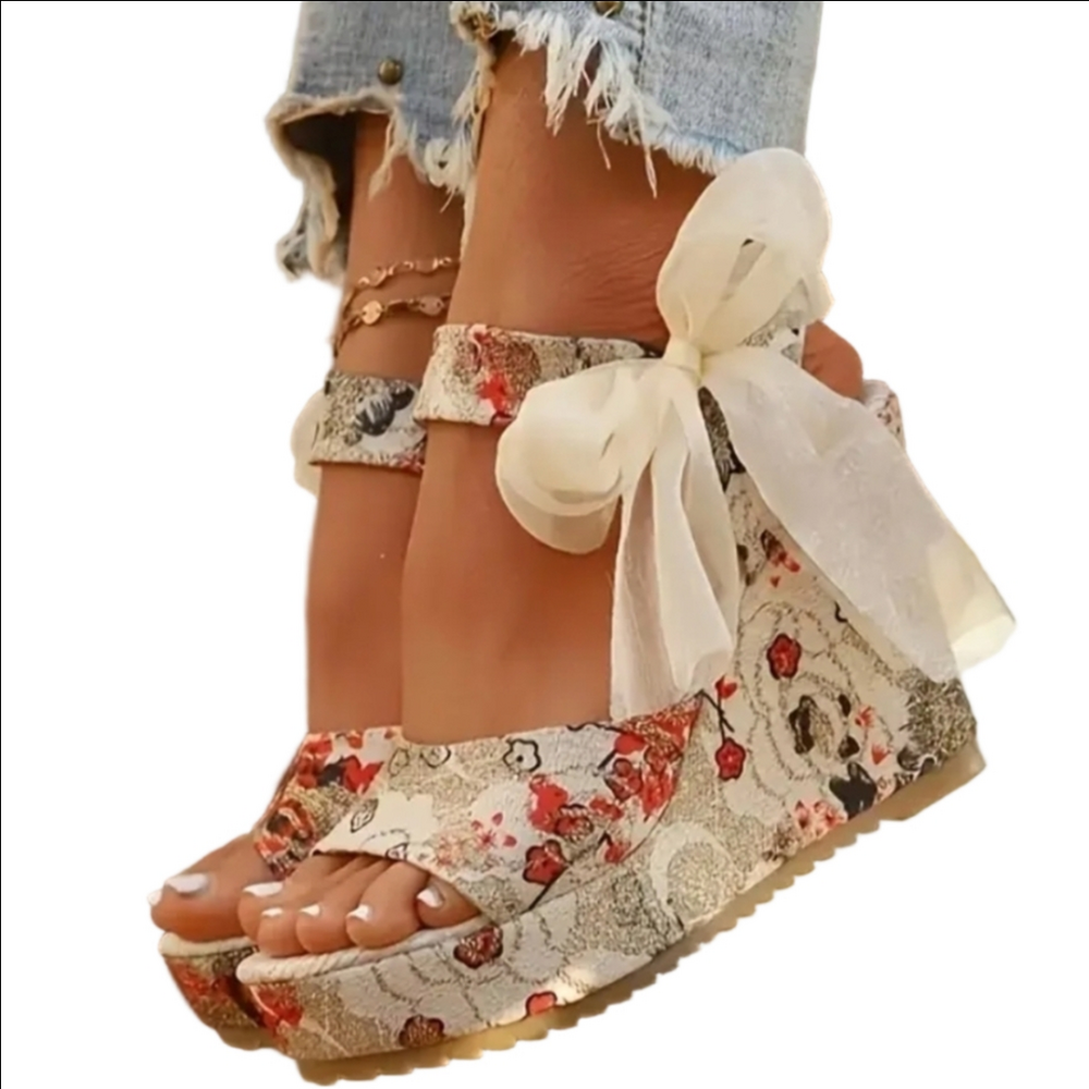 Floral Wedge Sandals with Bow